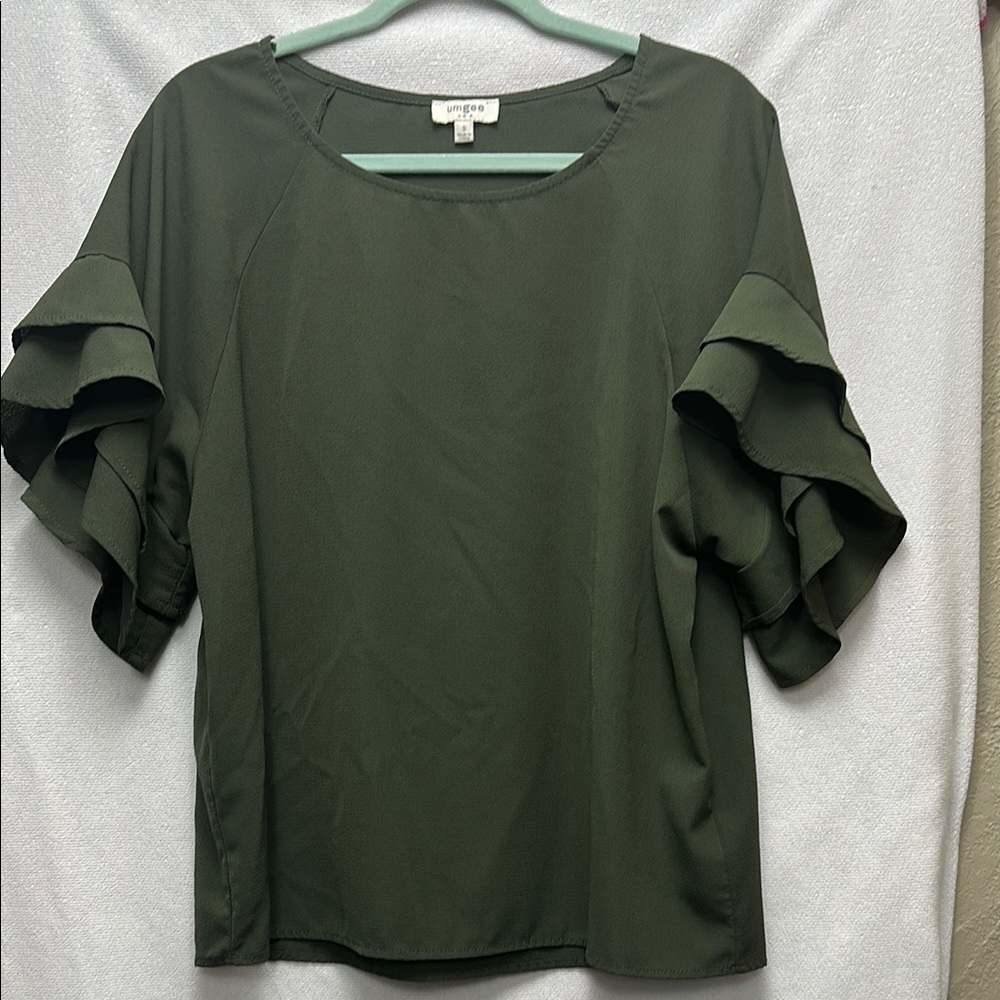 Green Ruffled Short Sleeve Blouse